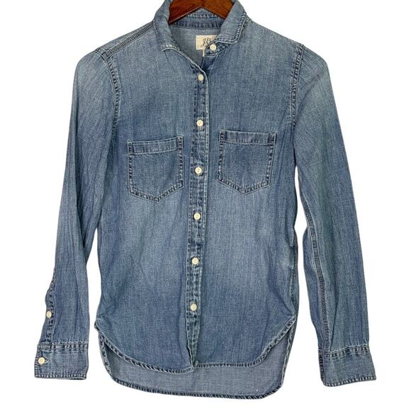 J. Crew Cotton Chambray Long Sleeve Denim Button Down Shirt Pockets 00 Blue - Picture 1 of 15